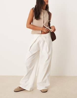 twill pants with fold-over tie front in bone-White