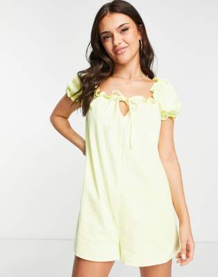 ASOS DESIGN TWILL PUFF SLEEVE SMOCK ROMPER IN LEMON-YELLOW