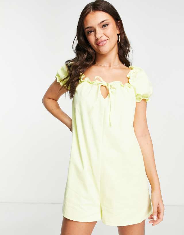 ASOS DESIGN twill puff sleeve smock romper in lemon