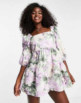 ASOS DESIGN twill puff sleeve tiered smock playsuit with square neck in floral print - ASOS Price Checker