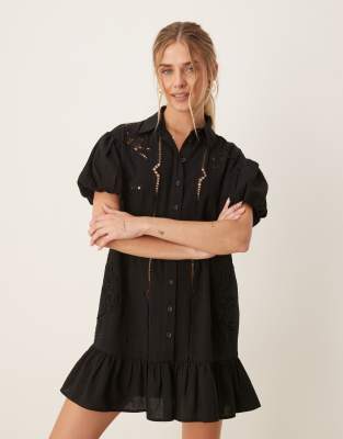 Asos Design Twill Short Sleeve Broderie Mini Shirt Dress With Tonal Stitching
