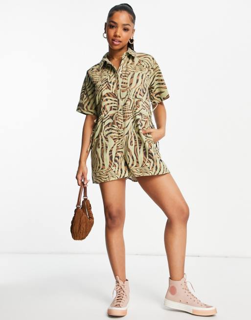 ASOS DESIGN twill side channel boilersuit playsuit in safari animal print , 2 of 4