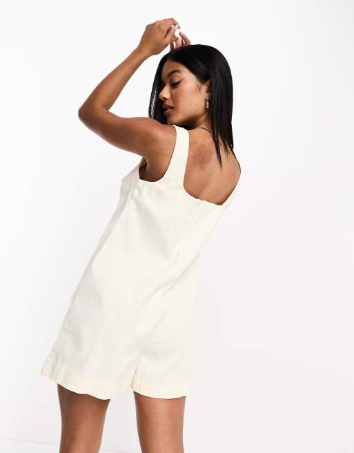 ASOS DESIGN twill square pinny playsuit in ecru, 2 of 4