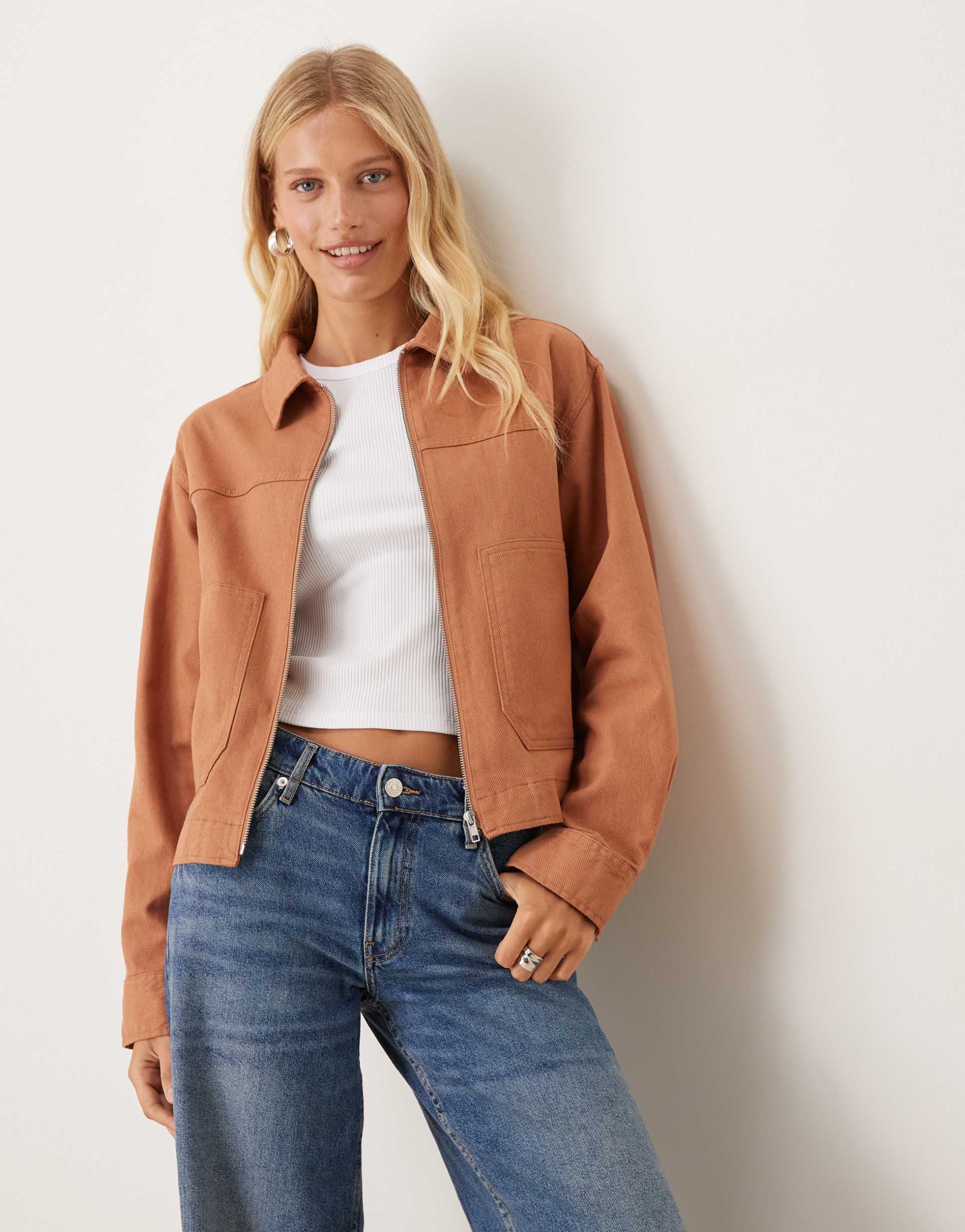 asos design twill top collar jacket in rust