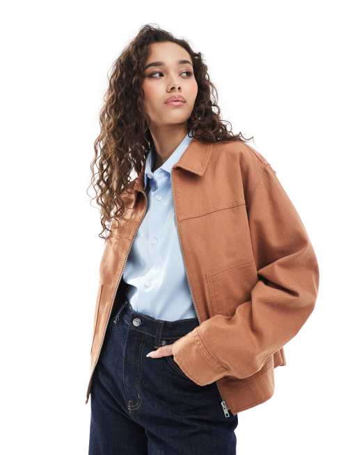 ASOS DESIGN twill top collar jacket in tabasco