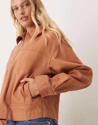 Asos Design Twill Top Collar Jacket In Brown