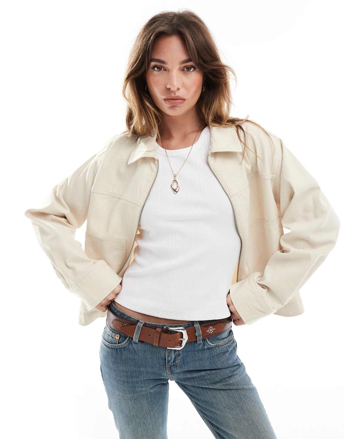 ASOS DESIGN twill top collar jacket stone