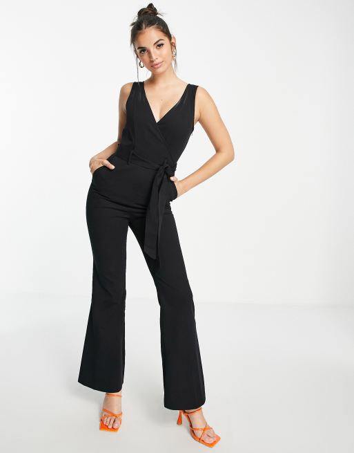 ASOS DESIGN twill wrap front split hem flare jumpsuit in black | ASOS