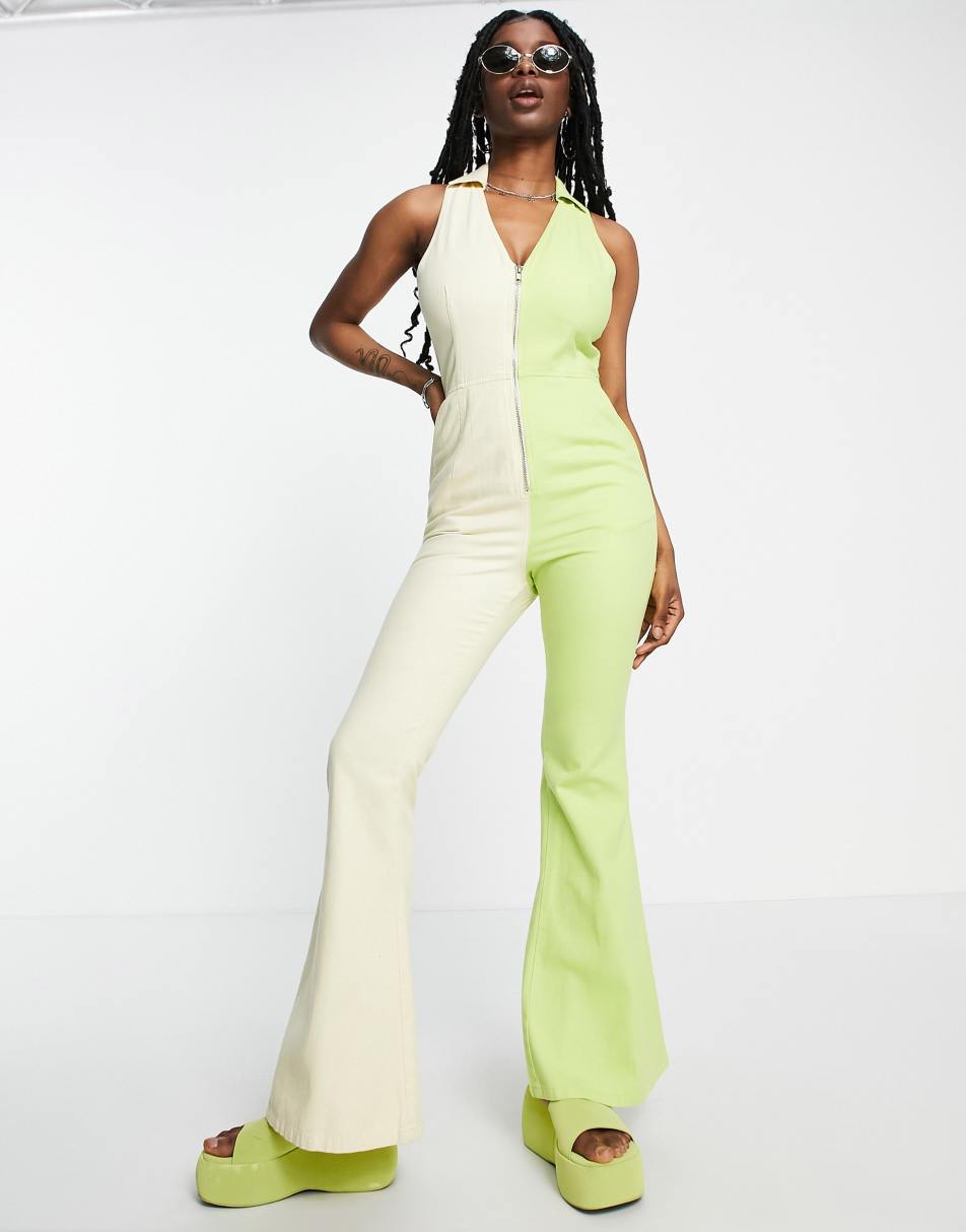 ASOS DESIGN pleat front satin jumpsuit with chain strap in sand