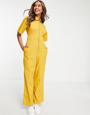 ASOS DESIGN twill zip front panelled boilersuit in washed mustard