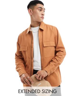 ASOS DESIGN twill zip through overshirt in copper brown - TAN