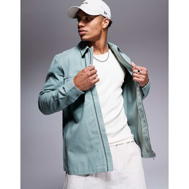 ASOS DESIGN twill zip through overshirt in sage green ASOS