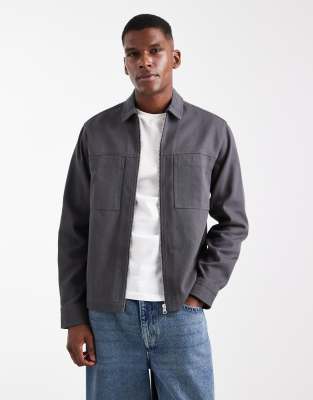 Asos Design Twill Zip Up Overshirt In Gray
