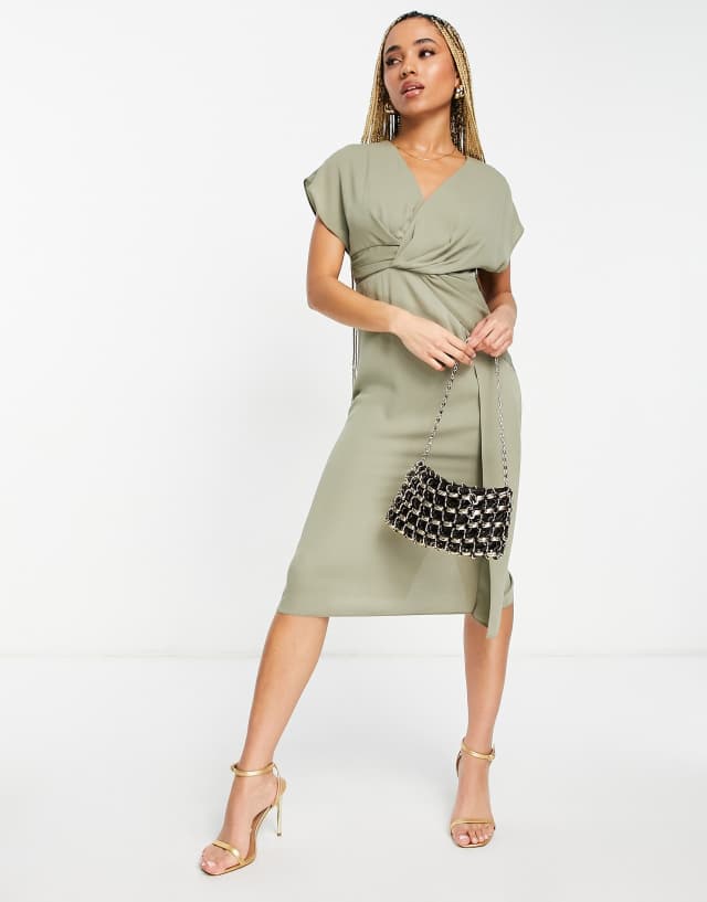 ASOS DESIGN twist and drape front midi dress in khaki