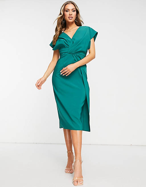 Asos Women Clothing Dresses Pencil Dresses Twist and drape front midi pencil dress in forest 