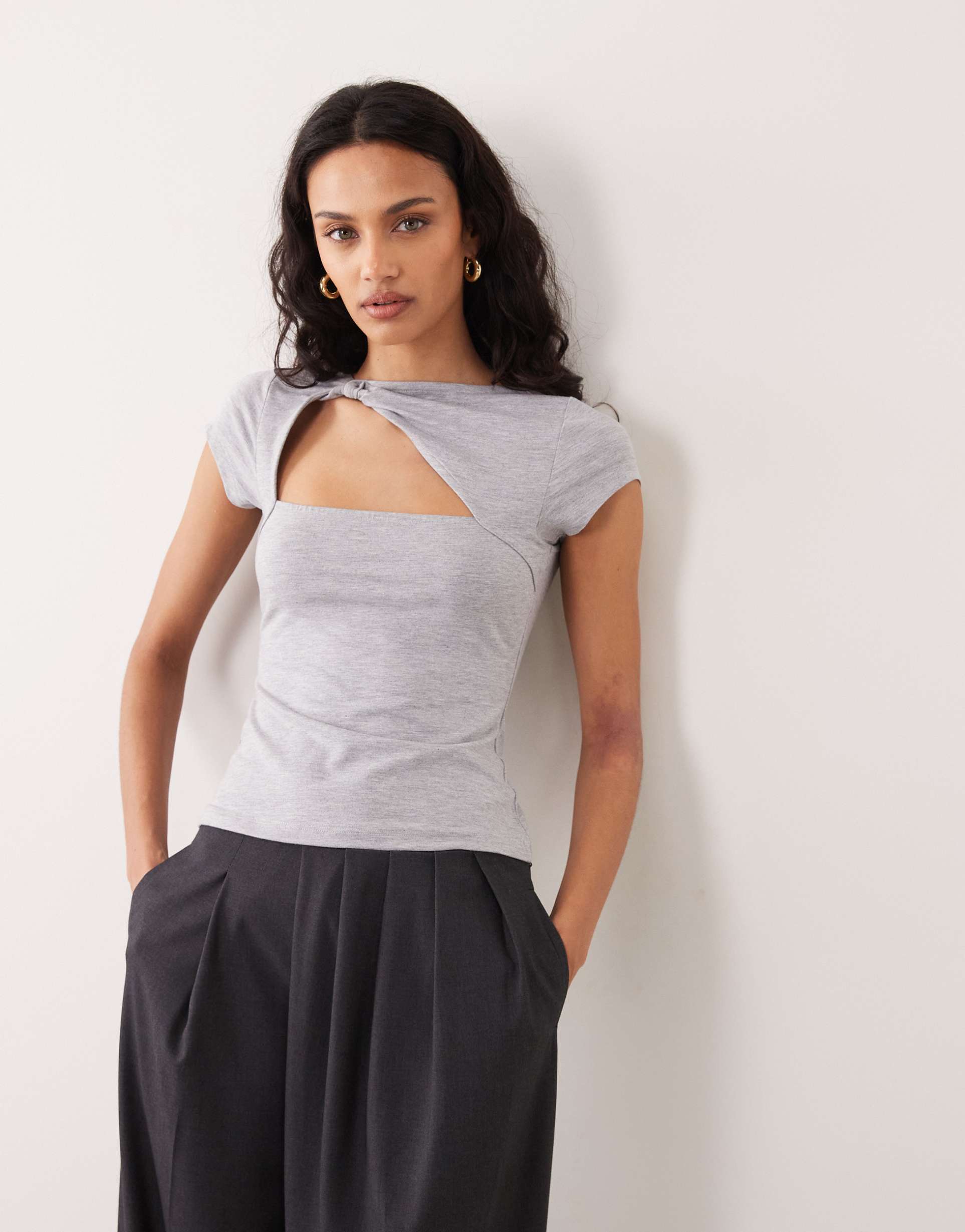 asos design twist asymmetric knit detail cut out top in gray heather