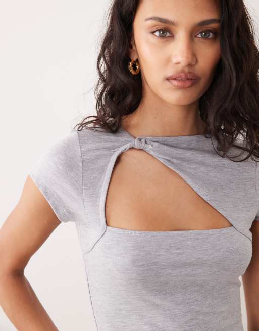 ASOS DESIGN twist asymmetric knit detail cut out top in grey marl, 3 of 4