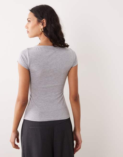 ASOS DESIGN twist asymmetric knit detail cut out top in grey marl, 4 of 4