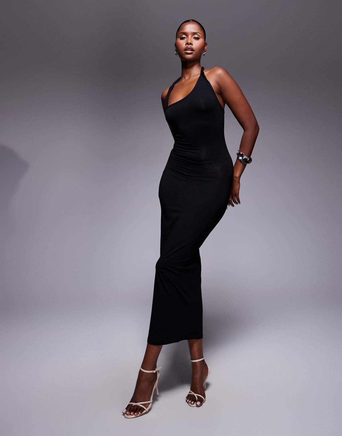 ASOS DESIGN twist asymmetric strap midi dress in black