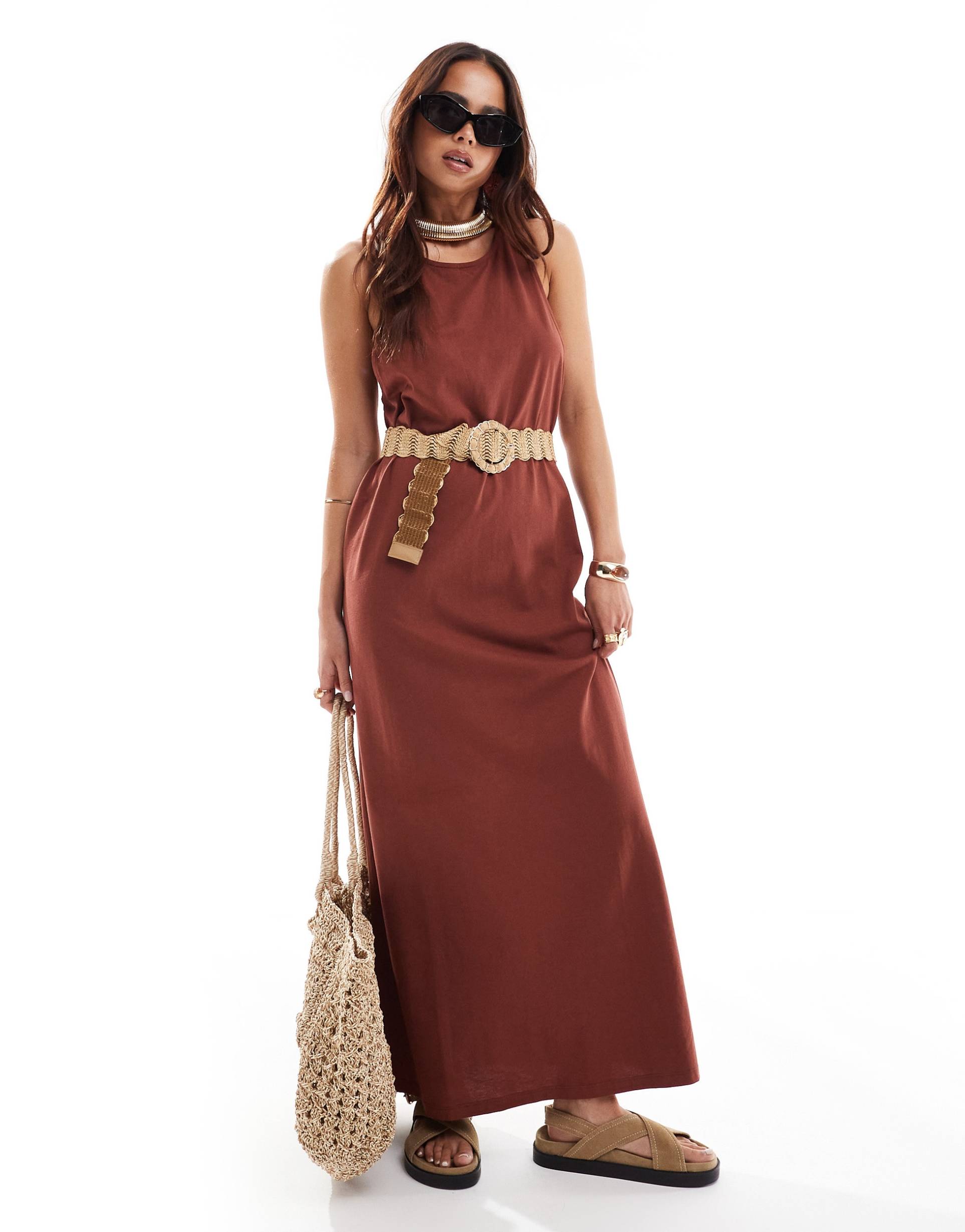asos design twist back column midi dress in rust