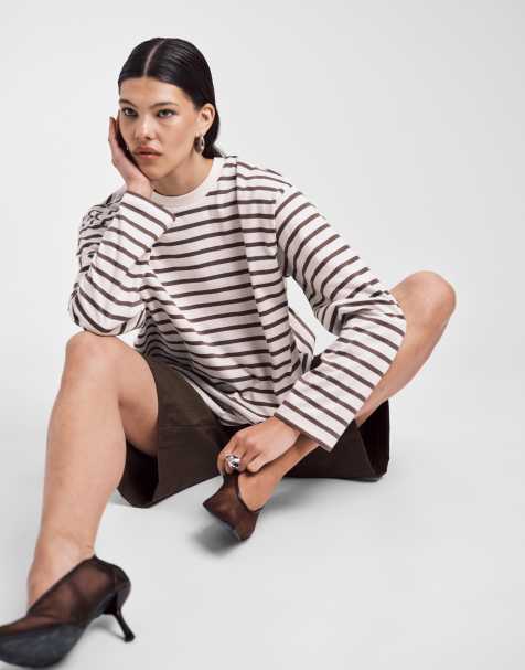 ASOS DESIGN twist back detail long sleeve tee in choc stripe - view 1