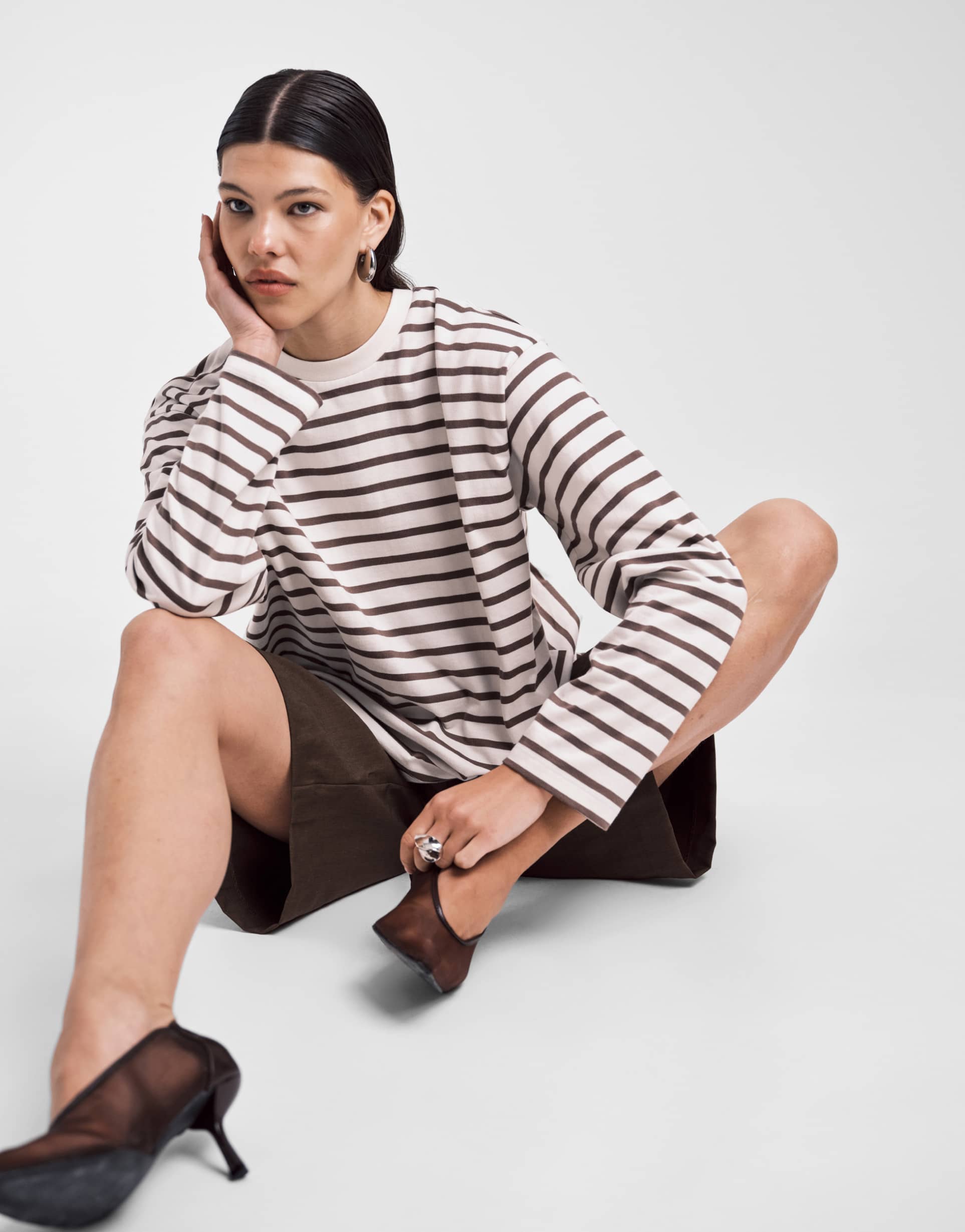 asos design twist back detail long sleeve tee in choc stripe