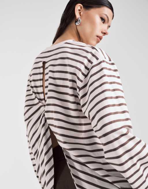 ASOS DESIGN twist back detail long sleeve tee in choc stripe