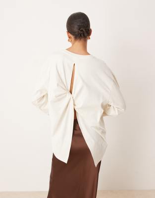 ASOS DESIGN twist back detail long sleeve tee in cream-White