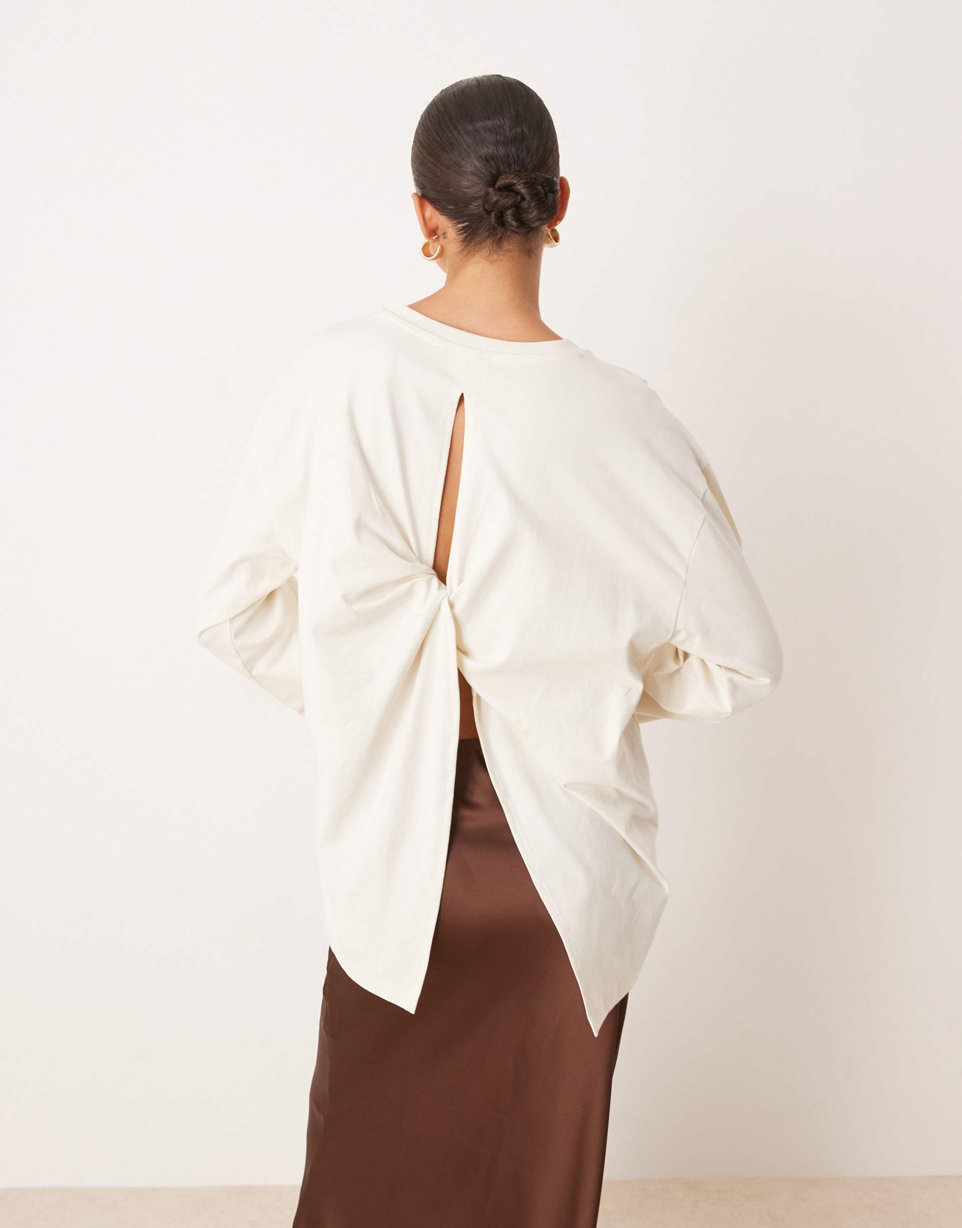 asos design twist back detail long sleeve tee in cream