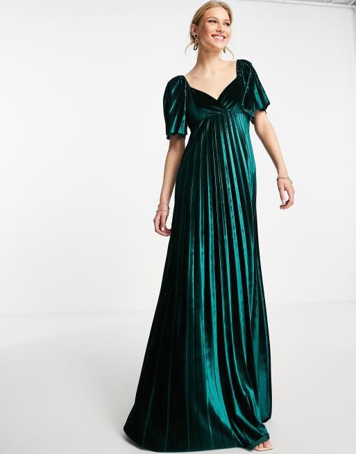 ASOS DESIGN twist back empire waist velvet pleated maxi dress in forest green