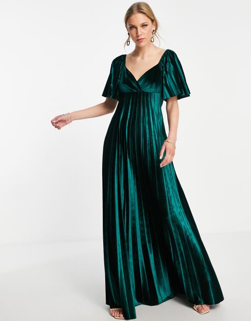 asos green velvet pleated dress