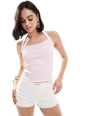 Asos Design Twist Back Halter Top In Light Pink