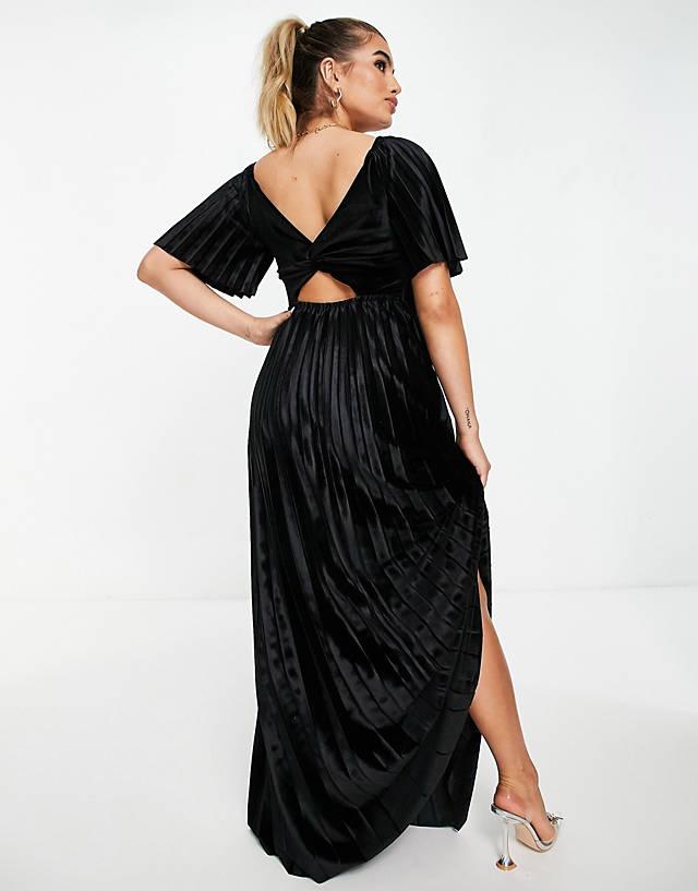 ASOS DESIGN twist back pleated empire waist velvet maxi dress in black