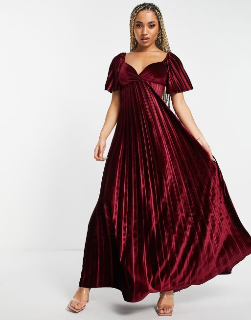 ASOS DESIGN twist back pleated empire waist velvet maxi dress in