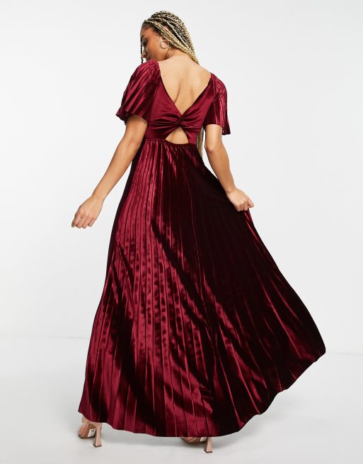 ASOS DESIGN twist back pleated empire waist velvet maxi dress in red