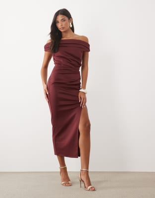 Asos Design Twist Bardot Bodycon Midi Dress In Burgundy