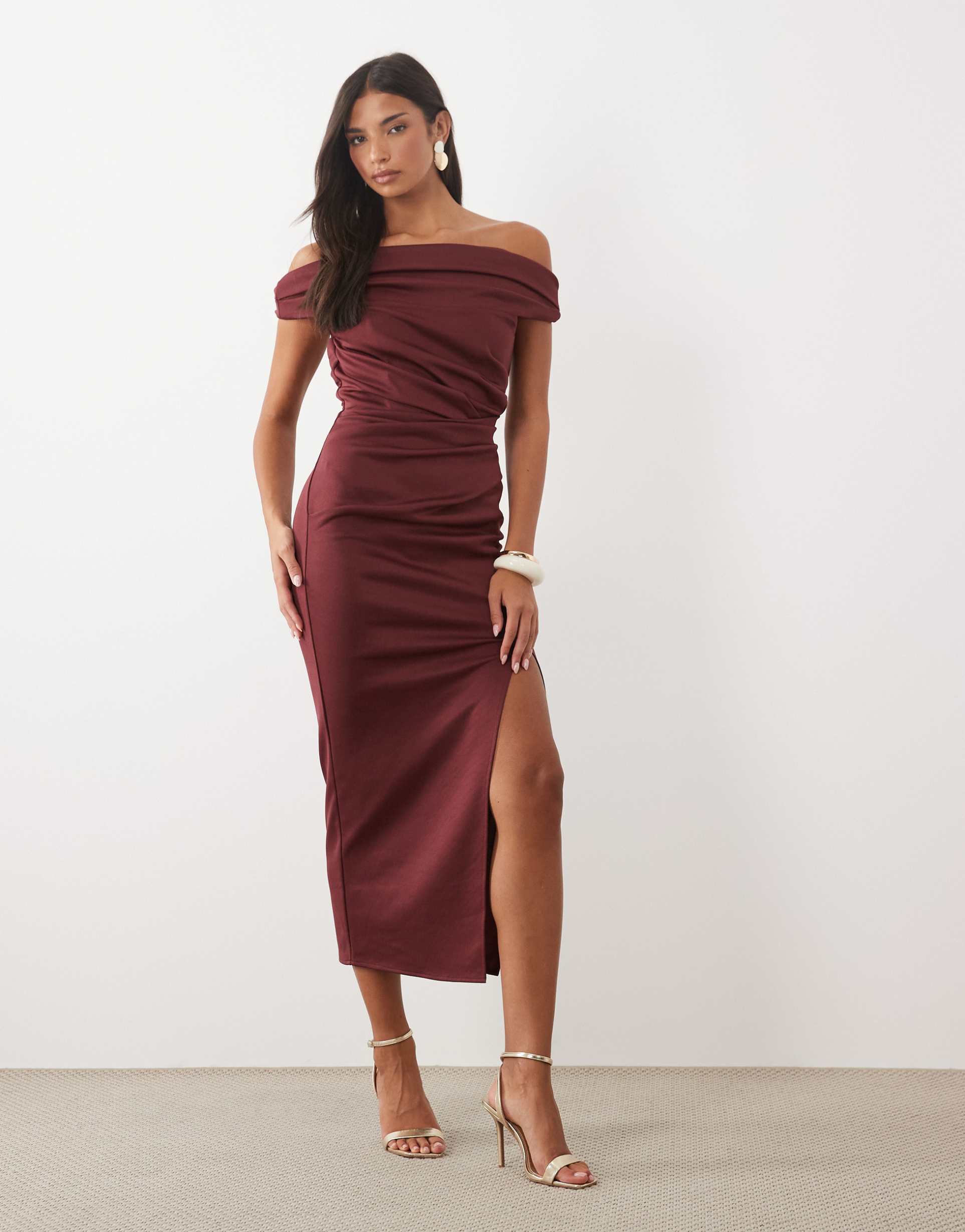 asos design twist bardot bodycon midi dress in burgundy scuba-style fabric