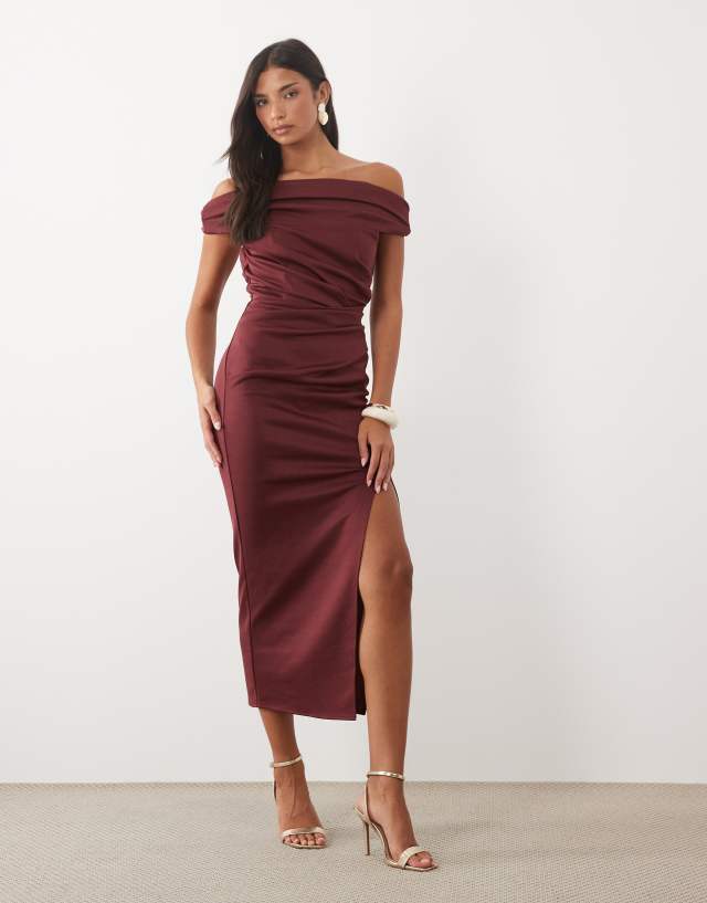 ASOS DESIGN twist bardot bodycon midi dress in burgundy scuba-style fabric