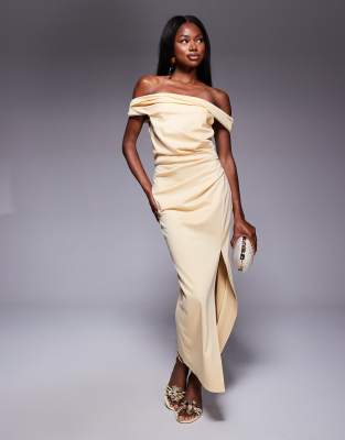ASOS DESIGN twist bardot bodycon midi dress in light yellow | ASOS