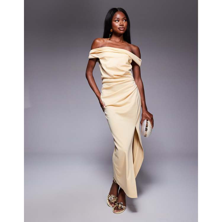 ASOS DESIGN twist bardot bodycon midi dress in light yellow | ASOS