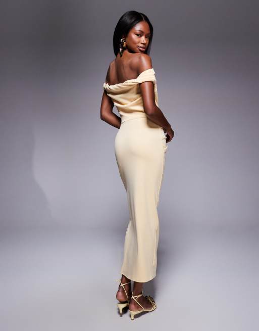 ASOS DESIGN twist bardot bodycon midi dress in light yellow, 2 of 4