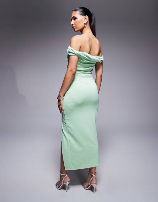 ASOS DESIGN twist bardot boydcon midi dress in light green, 3 of 4