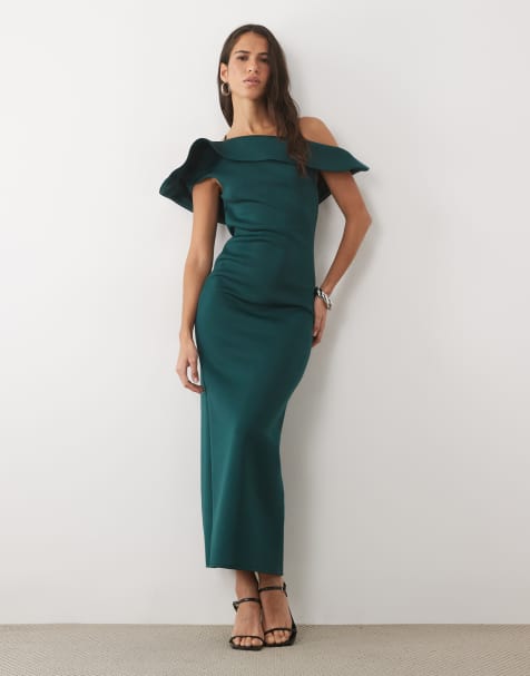 ASOS DESIGN twist bardot midi dress in bottle green scuba-style fabric - view 1