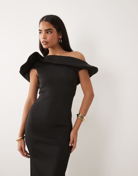 ASOS DESIGN twist bardot midi dress with corsage back detail in black scuba-style fabric - view 1