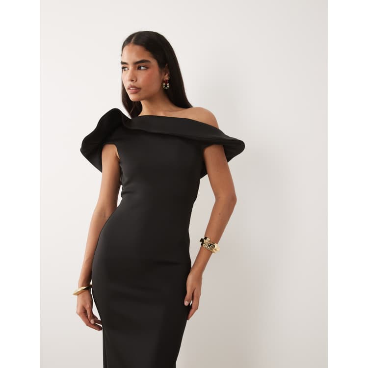 ambiance midi dress in black bardot Black Bardot Rosette Midi Dress
