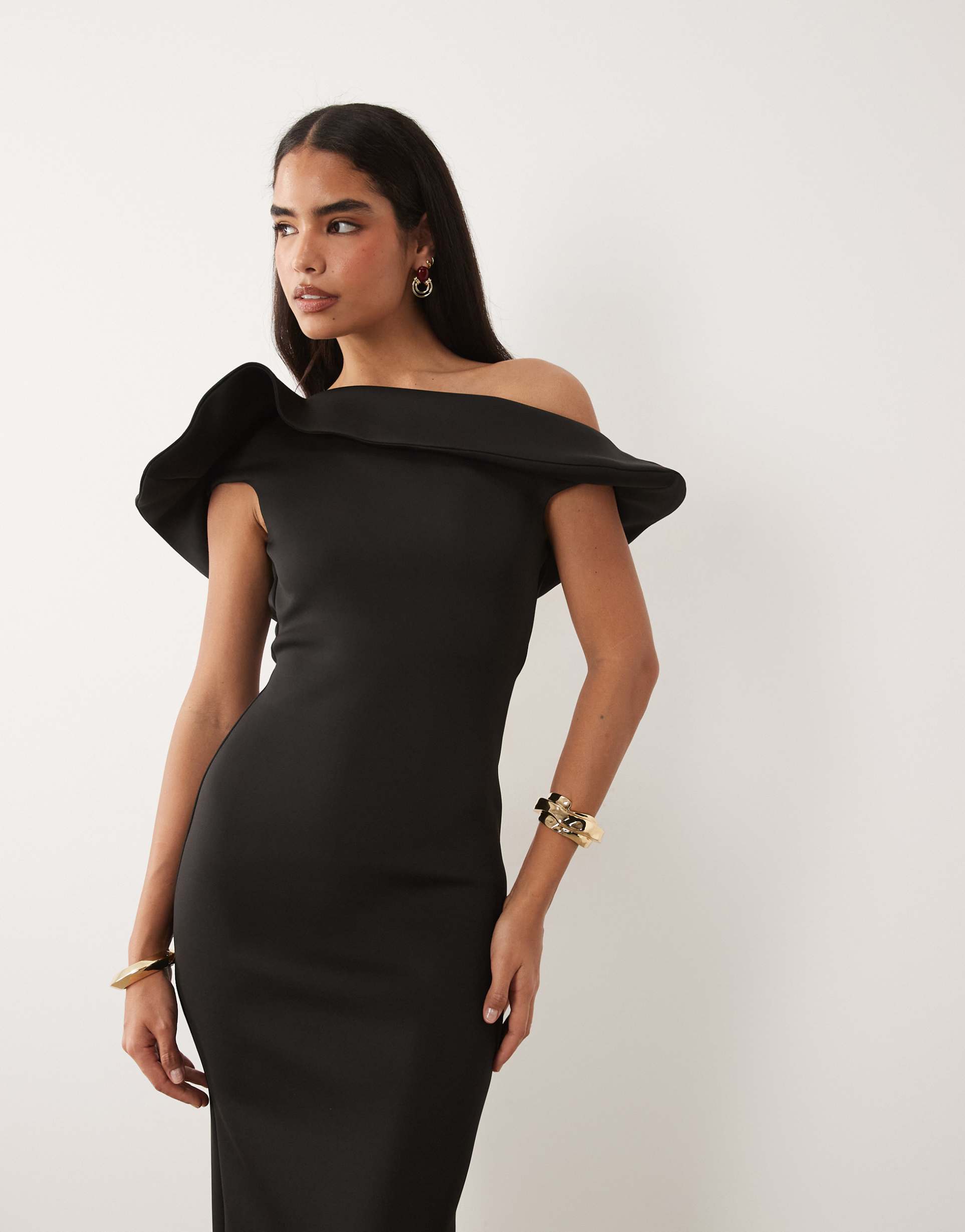 asos design twist bardot midi dress with corsage back detail in black scuba-style fabric