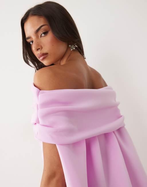 ASOS DESIGN twist bardot mini dress with cape in lilac scuba-style fabric, 4 of 4