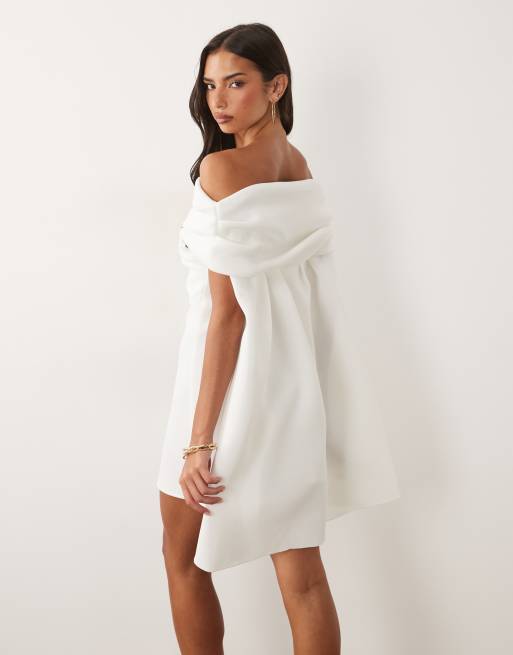 ASOS DESIGN twist bardot mini dress with cape in white scuba-style fabric, 3 of 4