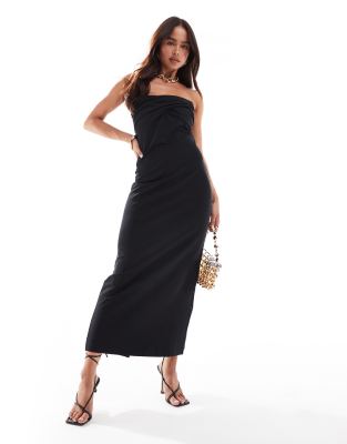 Asos Design Maxi Textured Fold Over Detail Bandeau Dress In Black