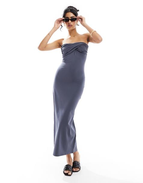ASOS DESIGN twist bust bodycon bandeau midaxi dress in indigo blue - view 1